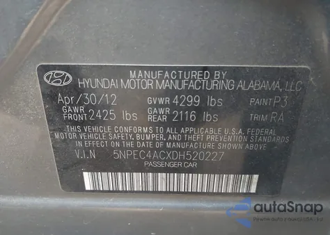 2013 Hyundai Sonata Se z USA, uszkodzony, nr VIN 5NPEC4ACXDH520227